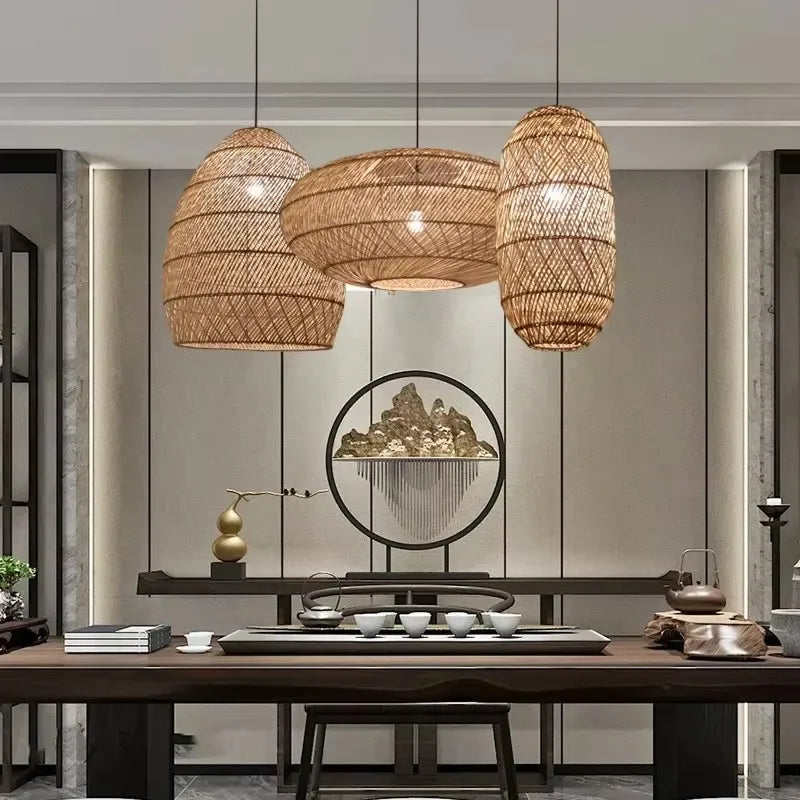 Japanese Style Wooden Woven Handmade Pendant Lights Restaurant Bedroom Study Room Chandelier Pastoral Rattan Tatami Chandeliers