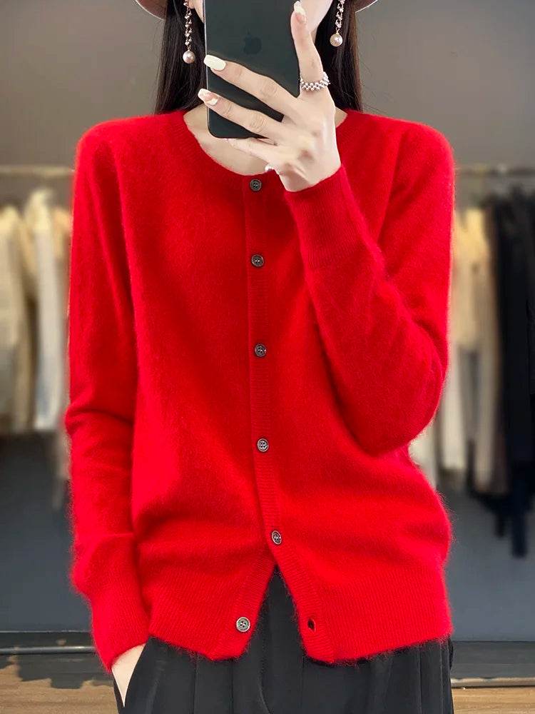 Women's Cardigan 100% Mink Cashmere Sweater,O-Neck Long Sleeve Top,Plus-Size Loose,Spring and Autumn Soft Knitted Jacket Female - AIAZ