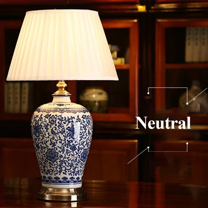 ANITA Modern Ceramics Table Lamps LED Dimming Chinese Blue And White Porcelain Desk Light for Home Living Room Bedroom
