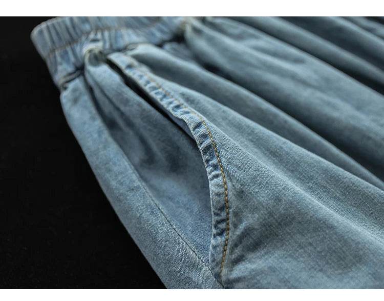 8215 Summer Trendy Wide Leg Jeans Skirts For Women New Design Straight Loose Casual Solid Color Elastic High Waist Denim Pants - AIAZ