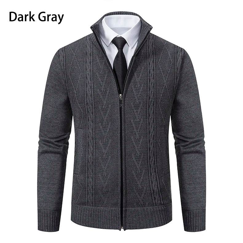 Thickened jacket men's autumn and winter warm trend line stand collar knitted cardigan sweater coat - AIAZ