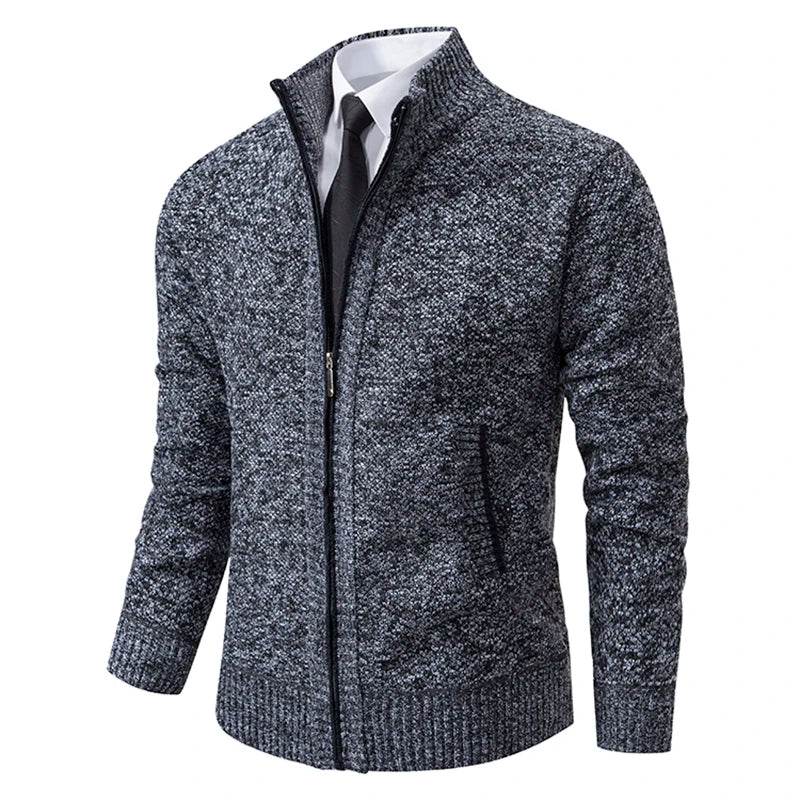 Autumn And Winter New Jersey Men's Casual Sports Coat Solid Color Stand Collar Wweater Grab Fleece Warm Zipper Cardigan - AIAZ
