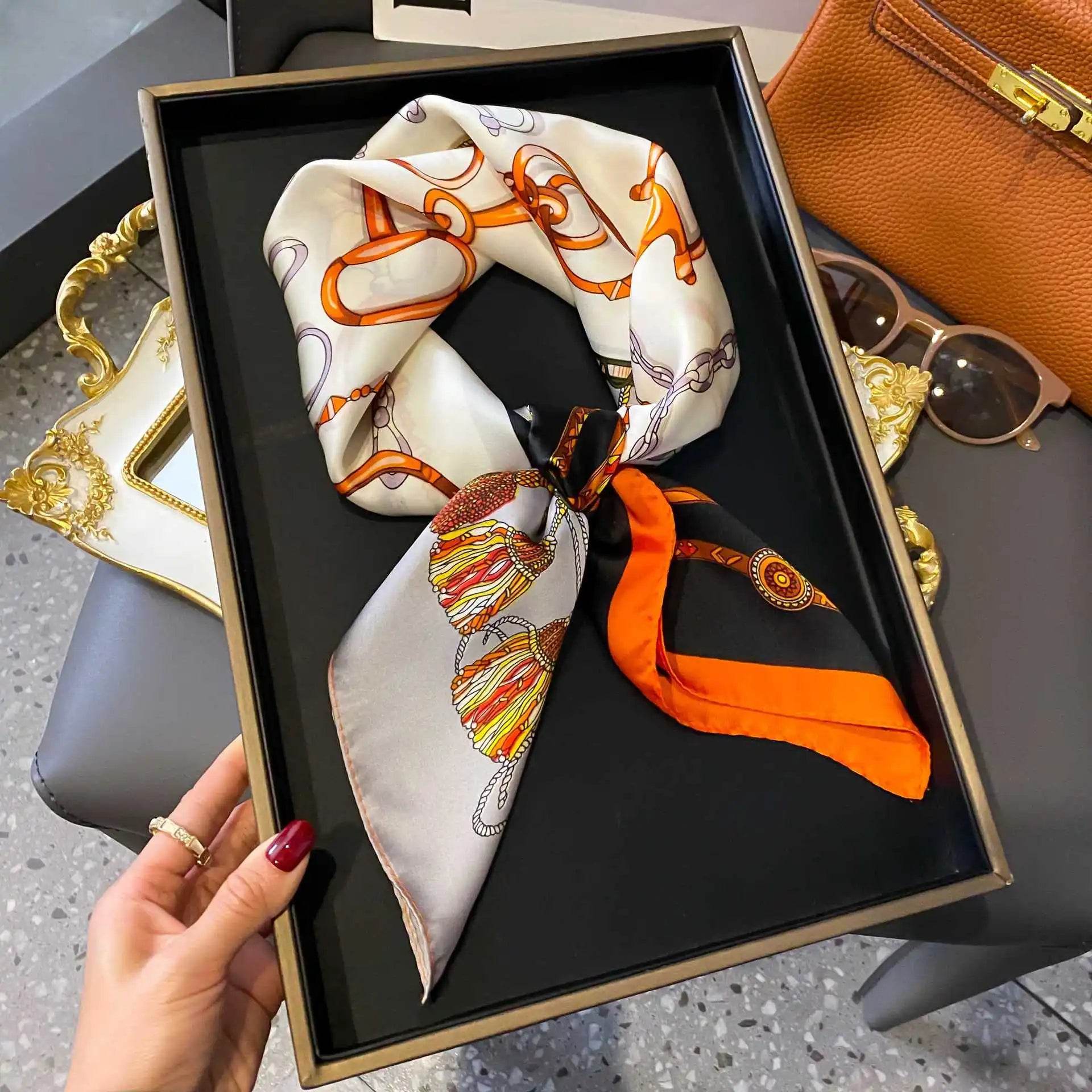 Luxury Chain Print Small Square Scarf Simulated Silk Thin Neck Scarf Fashion Sunscreen Headscarf For Women 70x70cm - AIAZ