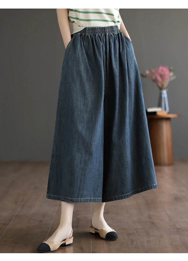 8215 Summer Trendy Wide Leg Jeans Skirts For Women New Design Straight Loose Casual Solid Color Elastic High Waist Denim Pants - AIAZ