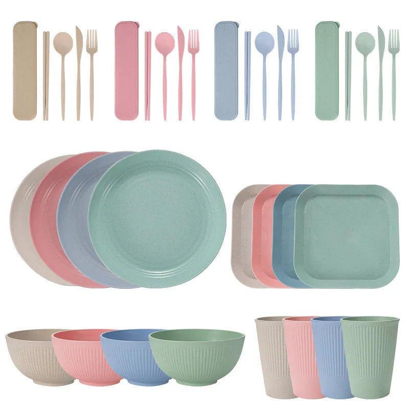 36pcs Plate Sets Wheat Straw Eco-Friendly Ramen Bowl Tableware Dinner Dishes Set Camping Tableware Set With Knife Fork Spoon