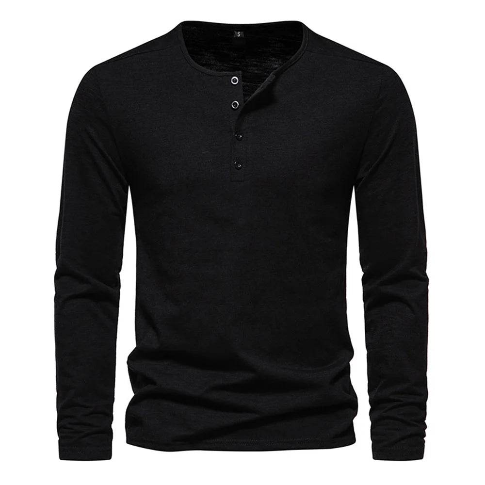 Men Long Sleeved T-shirt Cotton Slim Fit Bottoming Shirt Fitness Tops Tees Button Neck Casual Cozy Tshirt - AIAZ