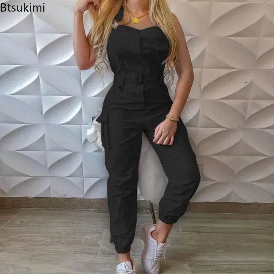 2025 Women's Casual Jumpsuits Cargo Playsuit Sleeveless O Neck Jumpsuit With Pocket and Belt Elegant Pencil Pants Loose Overalls - AIAZ