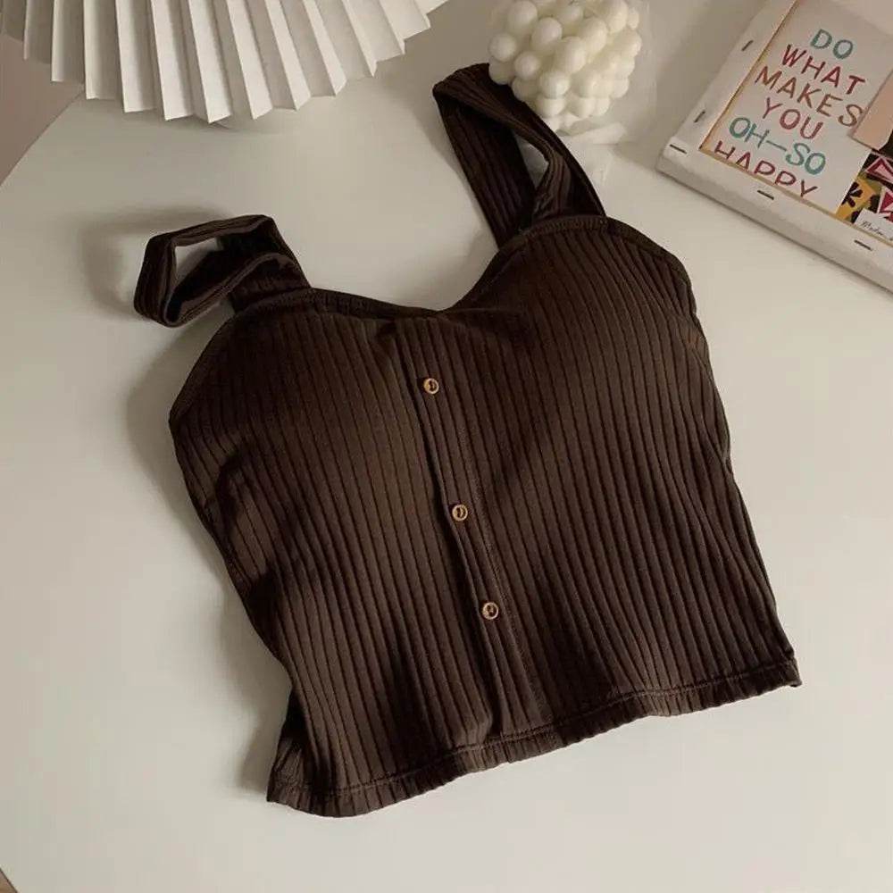 Women's Ribbed Tank Tops Y2K Cropped Tops with Bra Pads Knitted Button Down Suspenders Vest Sexy Camisole Female Short Tops - AIAZ