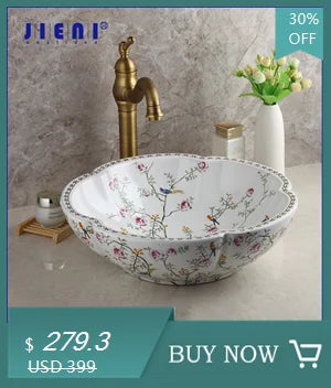 JIENI European Style Bathroom Sink Set Ceramic Washbasin Black Waterfall Faucet Pop Up Drain Combo Oval Counter Top Sinks