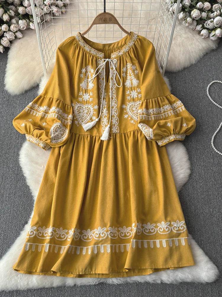 Women's Spring Summer Dress Bohemian Retro Ethnic Style Diamond Cotton Linen Blend Embroidered Lantern Sleeves Mini Dress A20 - AIAZ