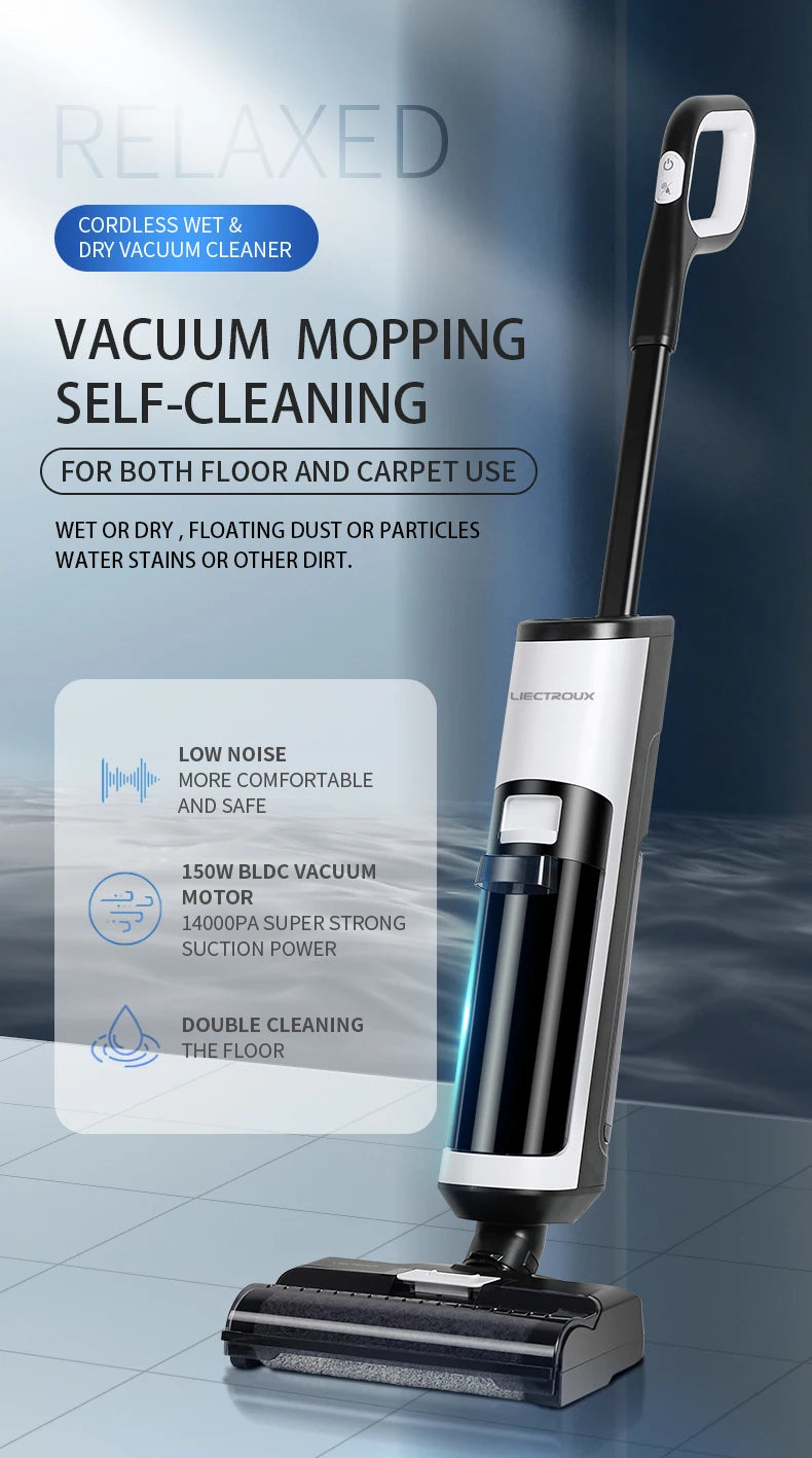 Liectroux i7Pro Cordless Vacuum Cleaner for Wet And Dry Cleaning, Smart Washing for Home Multi Surface Floor,14Kpa, Self-drying