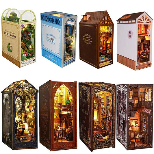 DIY Book Nook Kit Miniature Doll House With LED Light 3D Puzzle Model Building Wooden Bookshelf Bookend Toy Adults Birthday Gift - AIAZ