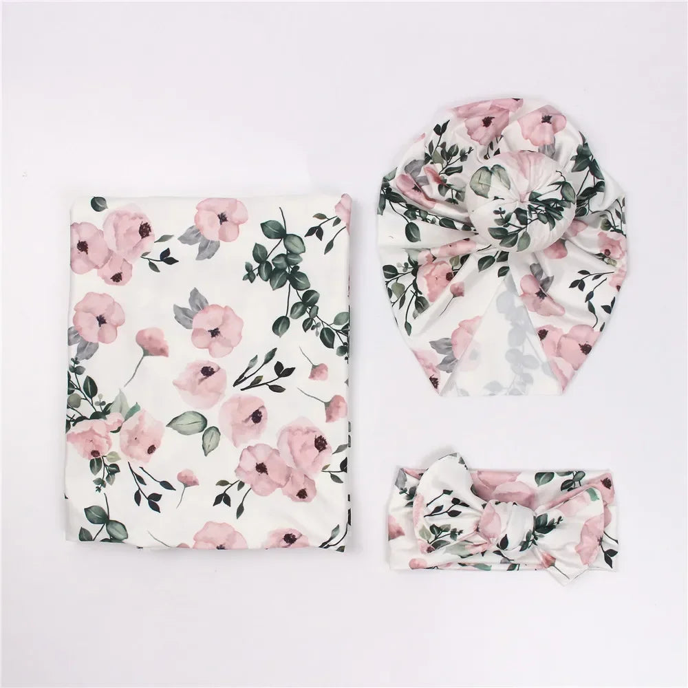 3pc/set Baby Swaddle Wrap New Born Receiving Blanket for Newborn Babies Accessories Soft Floral Headband Hat Bedding Baby Items