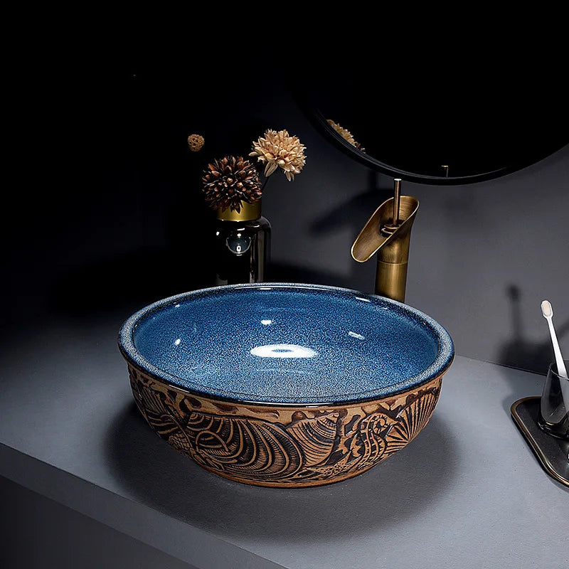 ZAPPO Round Vessel Sink with Faucet Drain JinDezhen Ceramic Vessel Sinks Oval Bathroom Sink Bowl Above Counter with Mixer Tap