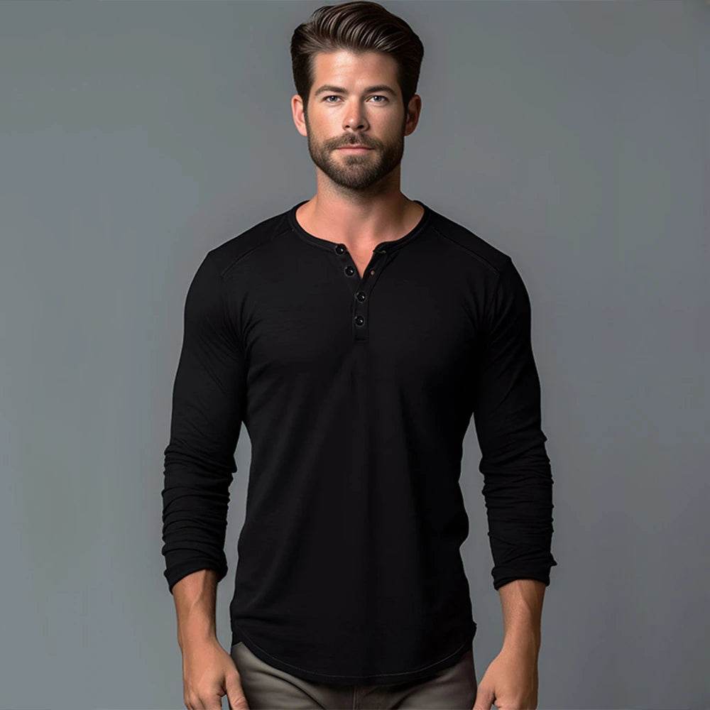 Men Long Sleeved T-shirt Cotton Slim Fit Bottoming Shirt Fitness Tops Tees Button Neck Casual Cozy Tshirt - AIAZ