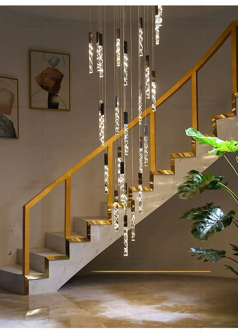 Modern LED Living Room Pendant Light Staircase Pendent Lamp Doublelayer Attic Spiral Long Ceiling Lamp Villa Crystal Chandelier