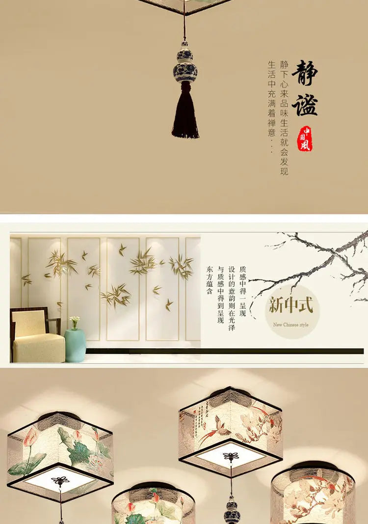 New Chinese Chandelier Lustre Ceiling Lamp Simple Corridor Chinese Painting Ceiling Lights Creative Suspendu Lotus Led Lighting