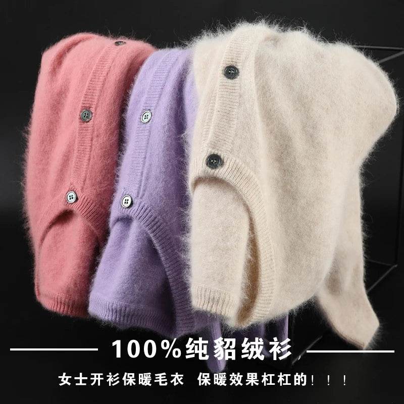Women Cardigan Large Size Warm Pure Mink Cashmere Sweaters O-neck Loose Coat Female Sweater Ladies' Jacket Solid Knit Cardigans - AIAZ
