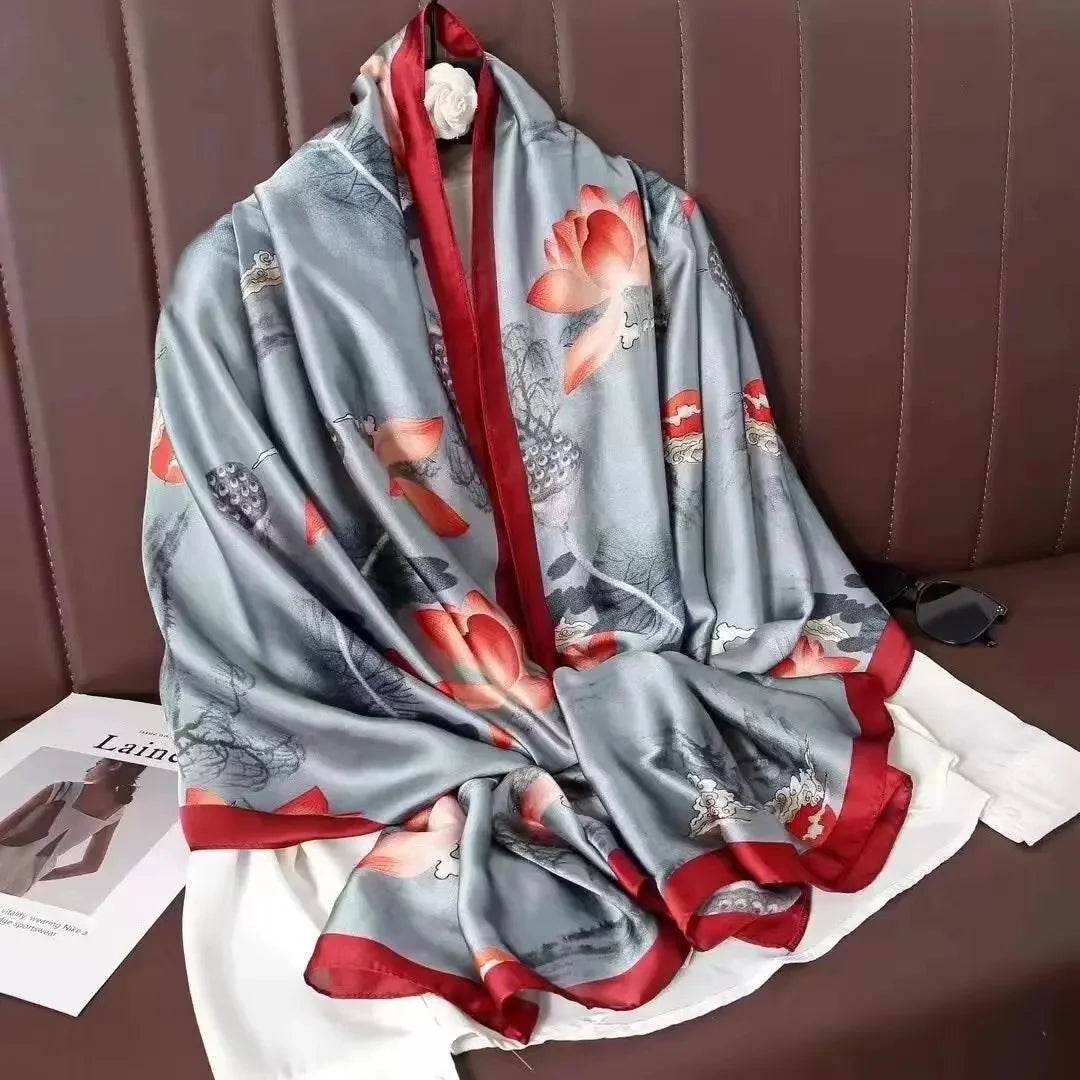 New Summer Women's Silk Scarf Sun Protection Satin Print Extra Long Beach Cover Up Decorative Mom's Shawl Fashionable Accessory - AIAZ