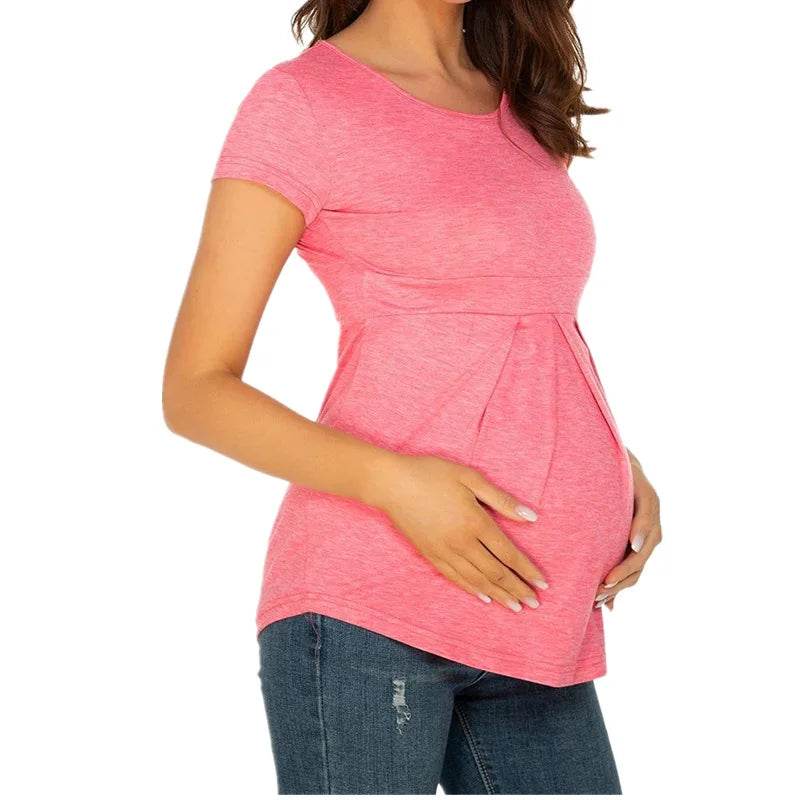Summer Maternity Tops Women Pregnancy Short Sleeve T-Shirts Casual Tees for Pregnant Elegant Ladies Folds T-Shirt Women Clothes - AIAZ