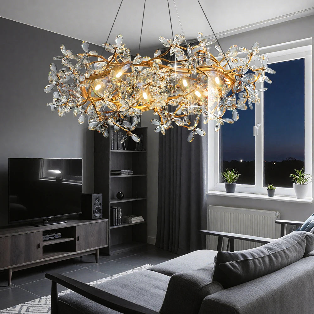 Modern Ceiling Chandelier Light Gold Crystal for Living Room Bedroom Transparent Flower Chandelier Indoor Lights Home Decor
