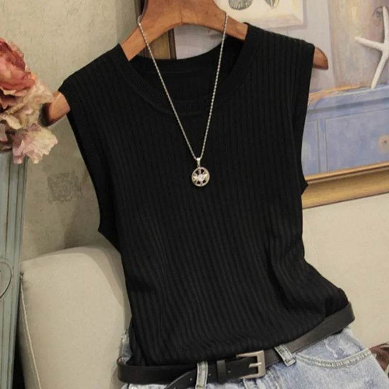 2025 Summer New Fashion Knitted Vests O-neck Sleeveless Casual Thin Tops Sleeveless Blouse Women Shirt - AIAZ