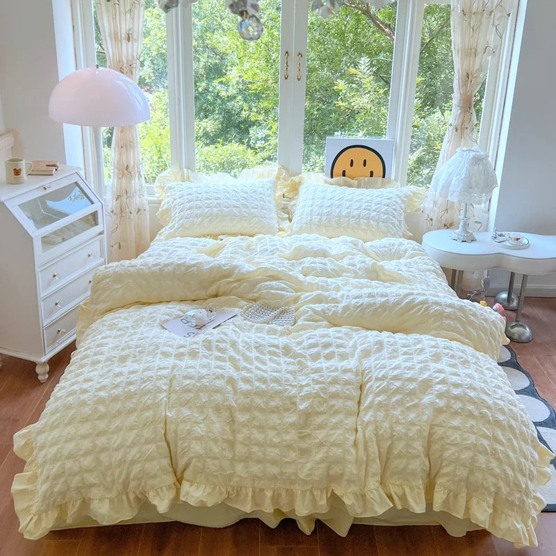 Korean Princess Style Lace Ruffles Bedding Set Skin-friendly Soft Seersucker Duvet Cover Set Bed Sheet Or Bed Skirt Pillowcases