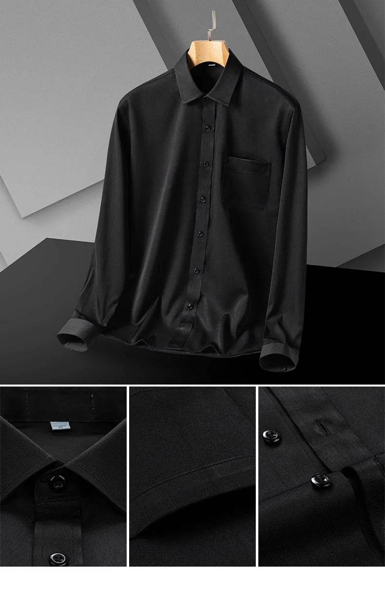 Classic Shirts For Men Long Sleeve Business Causal Stretch Soft Solid Formal Anti-wrinkle Non-iron Navy Party Wedding Blouse 5XL - AIAZ