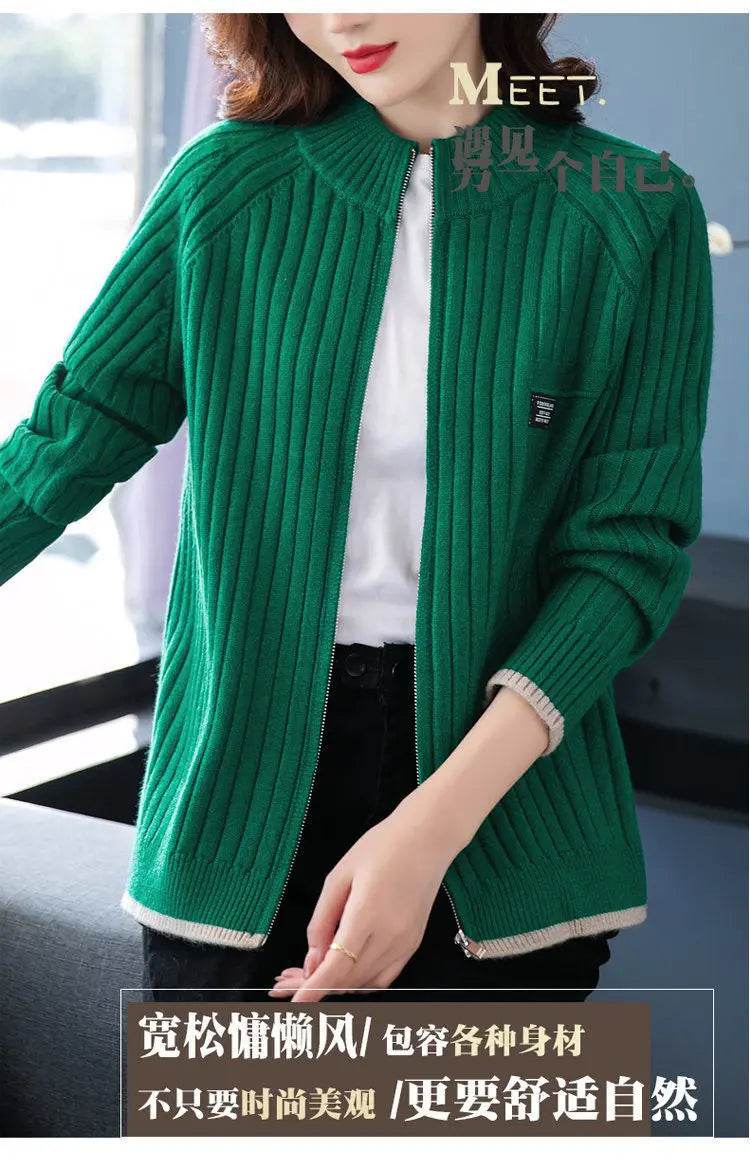 Knitted Cardigan Women's Coat 2025 Autumn Winter New Long sleeved Casual Zipper Sweaters Outwear Female Short Knitt Jacket - AIAZ