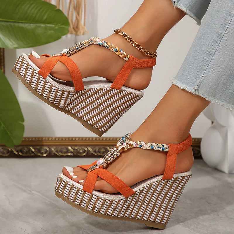 Metal Decortation Women Wedge Heel Sandals Summer 2025 Thick Sole Non Slip Beach Shoes Woman Plus Size Chunky Platform Sandalias