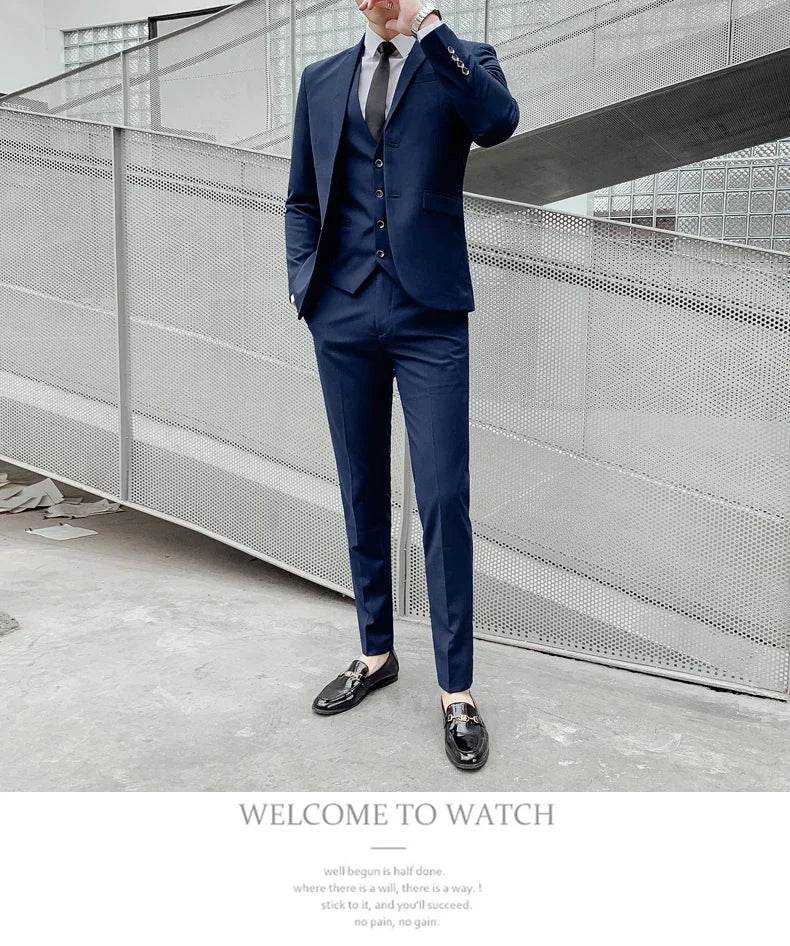 Suit (Blazer+ Vest + Pants) Men's Business Gentleman Fashion Slim Work Solid Color Plus Size Fair Dress Wedding Best Man Suit - AIAZ