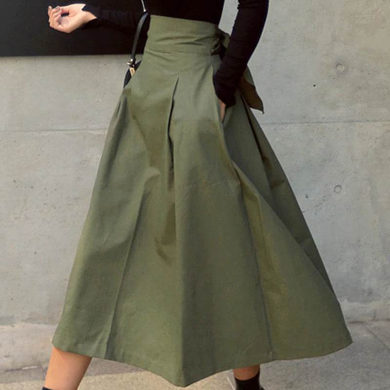 Skirts Womens Korean Fashion Solid Color Big Swing Ladies Skirt Long Skirt 2025 Autumn Wild High Waist Bow Slim Skirts - AIAZ