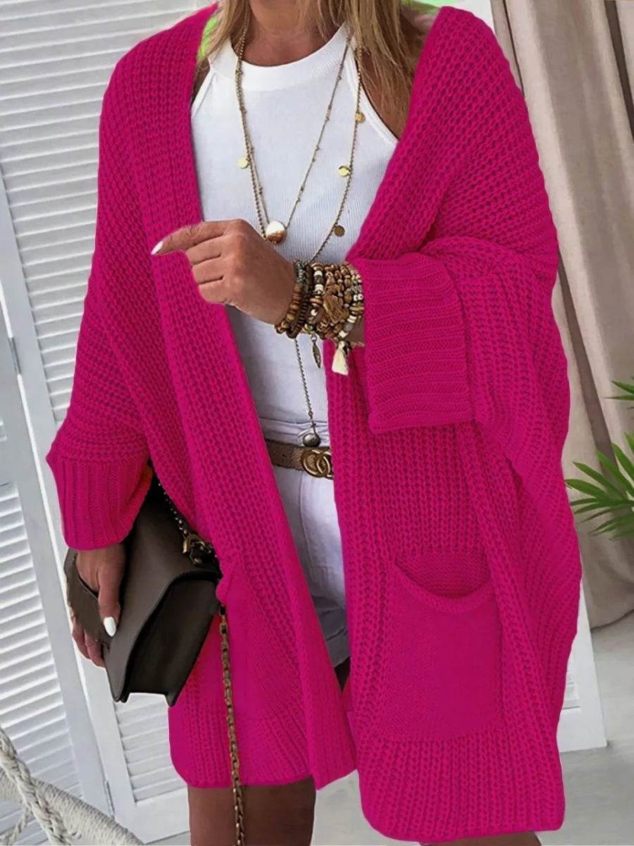 2025 New Knitted Long Cardigan for Women Autumn Casual Loose V-Neck Sweater Coats Ladies Elegant Solid Jumper Jacket with Pocket - AIAZ