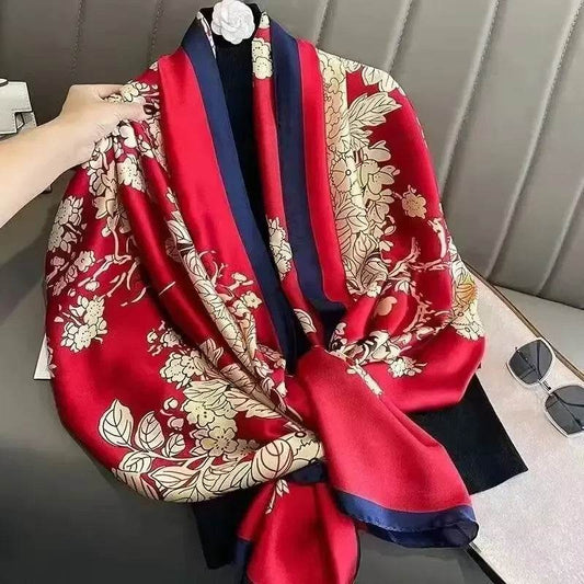 New Summer Women's Silk Scarf Sun Protection Satin Print Extra Long Beach Cover Up Decorative Mom's Shawl Fashionable Accessory - AIAZ