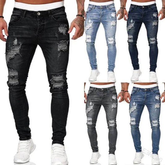 Fashion Street Style Ripped Skinny Jeans Men Vintage wash Solid Denim Trouser Mens Casual Slim fit pencil denim Pants hot sale - AIAZ