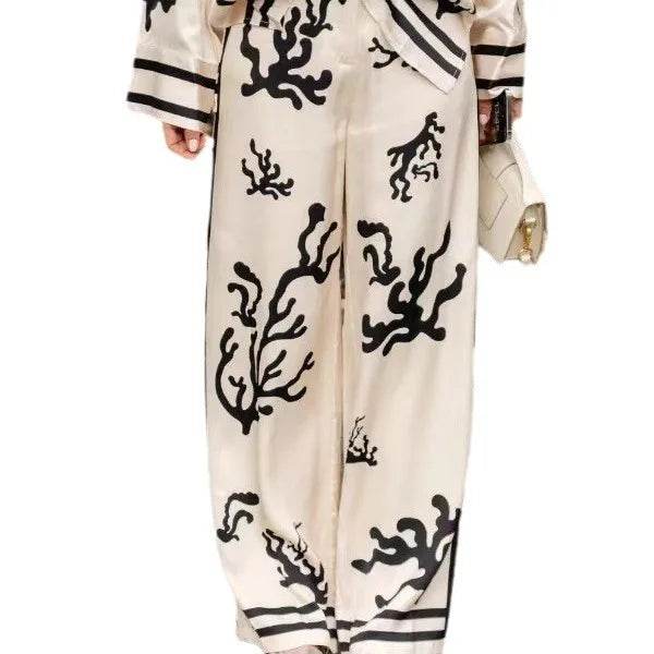 Fashion Prints Set Women Casual Autumn Long Sleeves Shirt Tops And Vintage Elastic Waisted Pants Chic Female Two Piece Sets New - AIAZ