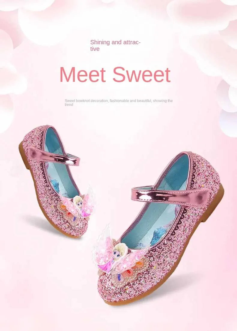Disney Elsa Frozen Girls Princess Shoes Spring and Autumn Flat Paillette Shoes Children's Soft Sole Baby Casual Shoe Party Shoes
