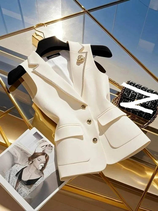 French Elegant Fashion White Suit Vest Women Clothing Summer New High Waist Elegant Slimming Sleeveless Coat Office Lady Clothes - AIAZ