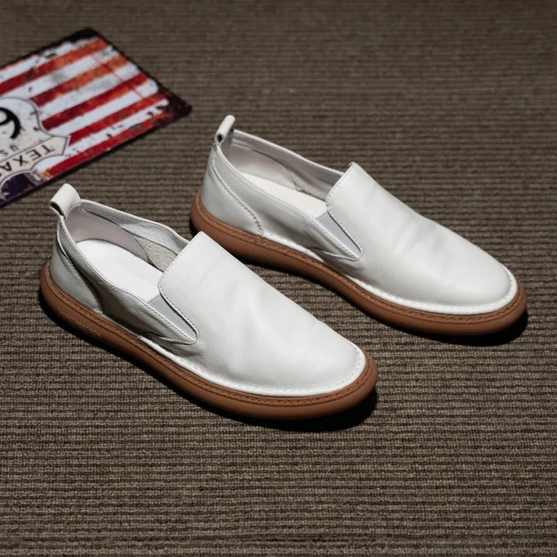 Harajuku Summer White Genuine Leather Mens Loafers Shoes Breathable Slip On Soft Male Casual Flat Sneakers Shoes Calzado Hombre
