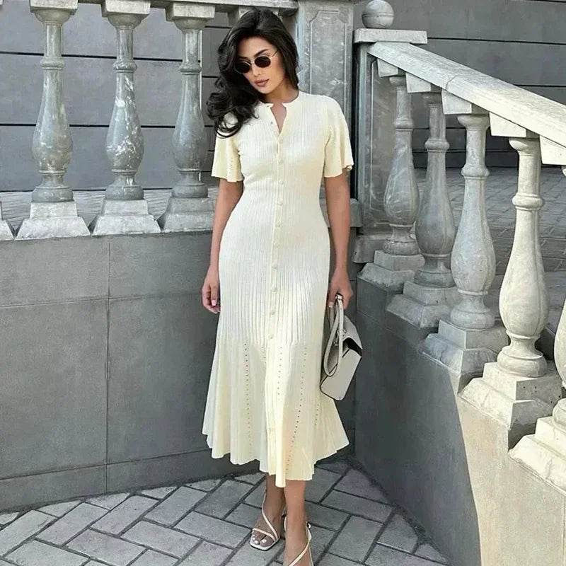 Elegant Knit Dress For Women White Slim O-neck Single Breasted Short Sleeve Long Dresses Female 2025 Spring Fashion Lady Robe - AIAZ