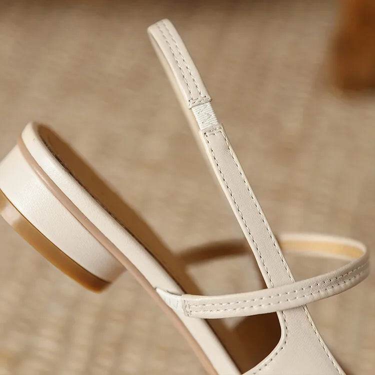 Summer Sandals Sheep Leather Women Shoes Pointed Toe Low Heel Women Pumps Genuine Leather Cover Toe Sandals for Women Handmade - AIAZ