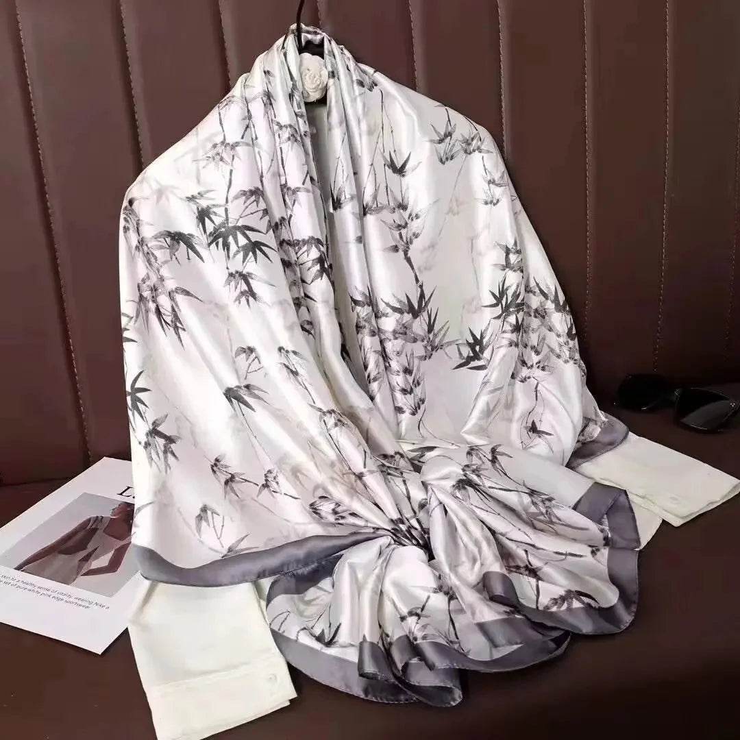 New Summer Women's Silk Scarf Sun Protection Satin Print Extra Long Beach Cover Up Decorative Mom's Shawl Fashionable Accessory - AIAZ