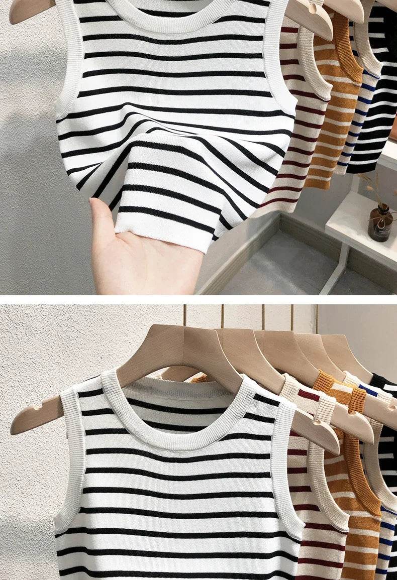 Summer Spring Striped Tank Tops Women Sleeveless Knitted T-Shirts Crop Tops Female Elastic Slim Casual Vests Pullover Camis - AIAZ