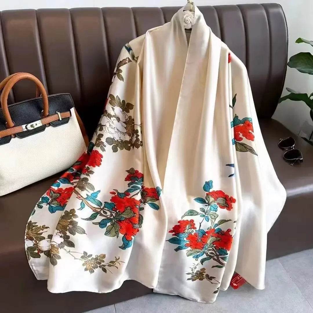 New Summer Women's Silk Scarf Sun Protection Satin Print Extra Long Beach Cover Up Decorative Mom's Shawl Fashionable Accessory - AIAZ