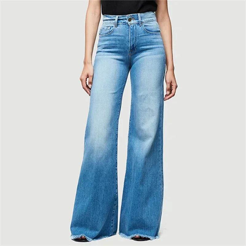 Mid Waist Flared Jeans Women Elegant Commuter Denim Pants Ladies Comfortable Casual Wide Leg Trousers Trend Streetwear Washable - AIAZ
