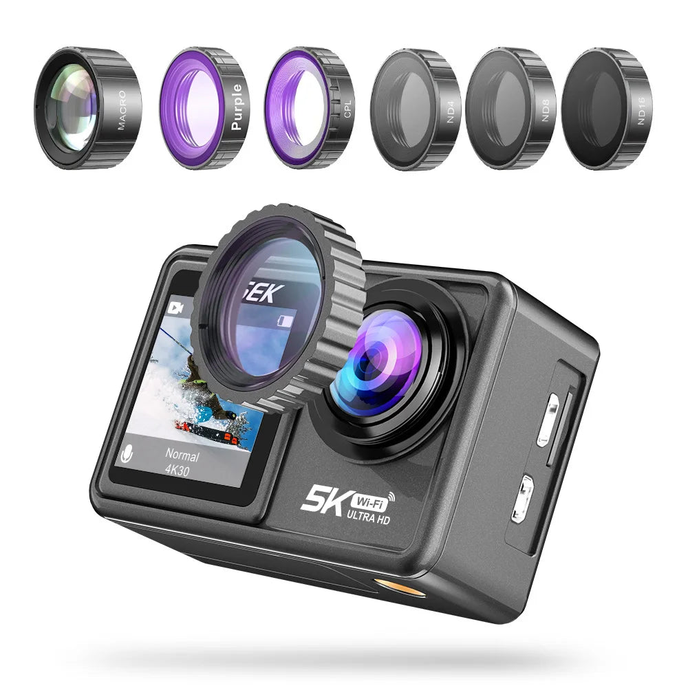 2" IPS Dual Screen Action Camera 5K 30FPS  4K 60FPS 48MP EIS Video With Optional Filter Lens 1080P Webcam Vlog WiFi Sports Cam