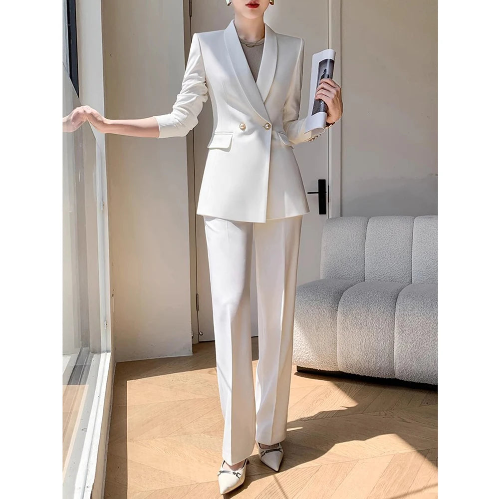 Solid White Suit Women 2025 New Spring Autumn Flares Pants High-Grade Slimming Business Clothing Sets Formal Suits Overalls