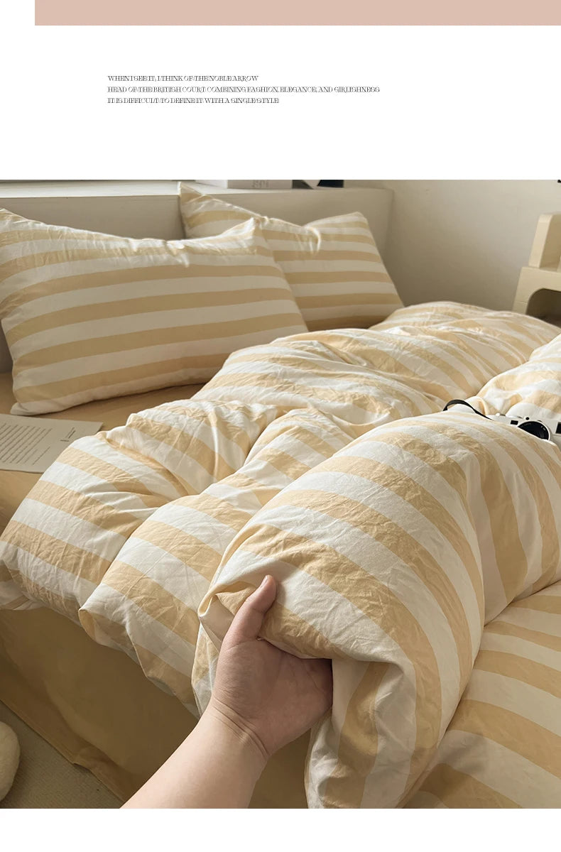 Washed Cotton Double Yarn Crepe Striped Quilt Set 3-4 Pillowcase with Sheet Bedding Cover Supplies 200x230 220x240 Skin Friendly