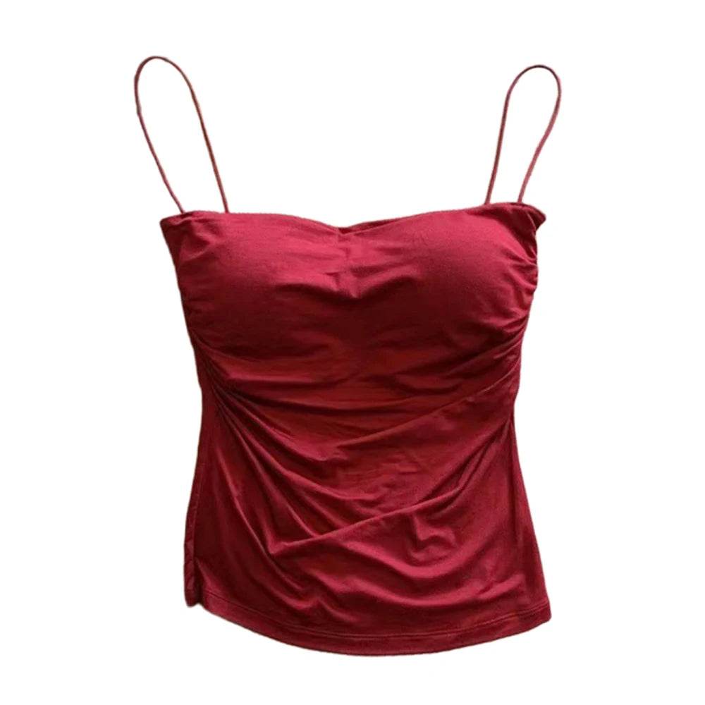 Summer Camisoles Tank Tops Women With Built In Bra Spaghetti Strap Tanks Vest Sleeveless Tees Cropped Top Solid Color Casual Top - AIAZ