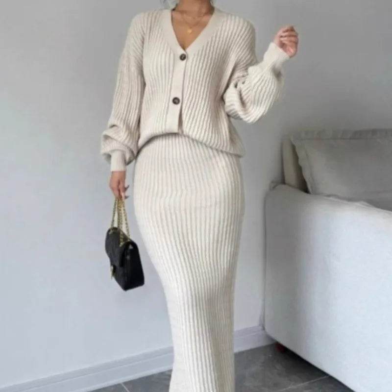 Women's Long Sleeved Jacket Sweater V-neck Cardigan Loose Two-piece Set Solid Color Knitted Hip Skirt Set - AIAZ